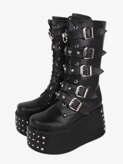 Bottes gothiques Lolita en cuir PU avec 艙illets métalliques bout rond chaussures Lolita noires