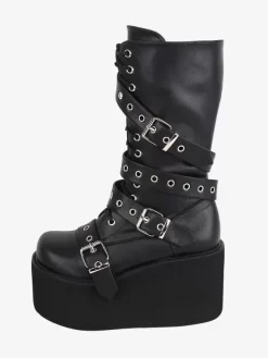 Bottes gothiques Lolita en cuir PU avec 艙illets métalliques bout rond chaussures Lolita noires
