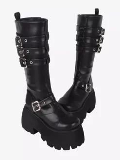 Bottes gothiques Lolita à 艙illets noirs et bout rond en cuir PU métallisé Chaussures Lolita