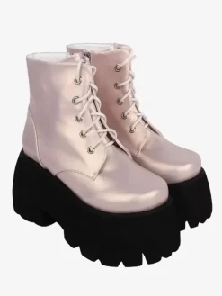 Bottes gothiques Lolita kaki à bout rond en cuir PU chaussures Lolita