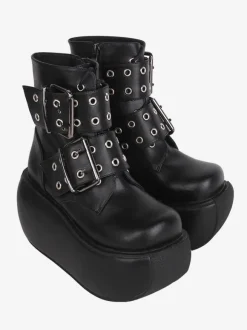 Bottes gothiques Lolita noires en cuir PU à bout rond chaussures Lolita