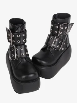 Bottes gothiques Lolita noires en cuir PU à bout rond chaussures Lolita