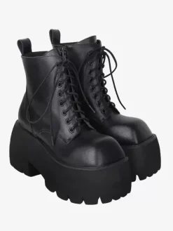 Bottes gothiques Lolita noires à lacets chaussures Lolita en cuir PU à bout carré