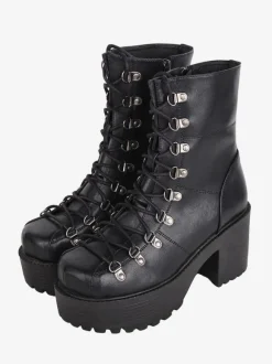Bottes gothiques épaisses Lolita noires en cuir PU à bout rond chaussures Lolita