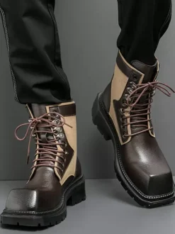 Bottes habillées pour hommes bout carré semelle épaisse lacets bottes en cuir