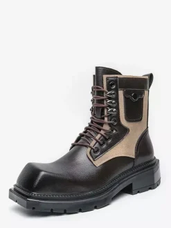 Bottes habillées pour hommes bout carré semelle épaisse lacets bottes en cuir