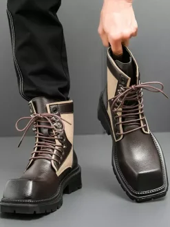 Bottes habillées pour hommes bout carré semelle épaisse lacets bottes en cuir