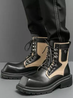 Bottes habillées pour hommes bout carré semelle épaisse lacets bottes en cuir
