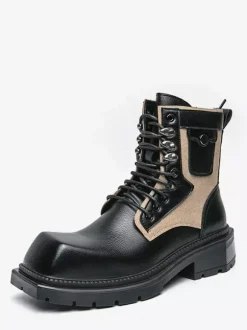 Bottes habillées pour hommes bout carré semelle épaisse lacets bottes en cuir
