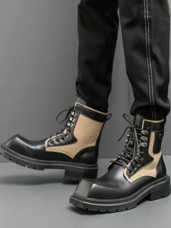 Bottes habillées pour hommes bout carré semelle épaisse lacets bottes en cuir