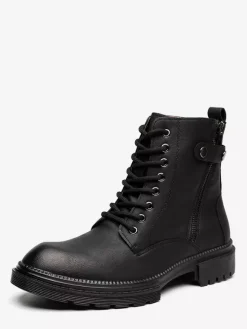 Bottes habillées pour hommes à bout rond semelle épaisse lacets hybrides et fermeture éclair latérale