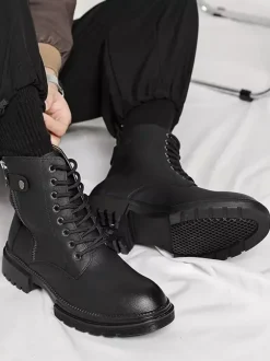 Bottes habillées pour hommes à bout rond semelle épaisse lacets hybrides et fermeture éclair latérale
