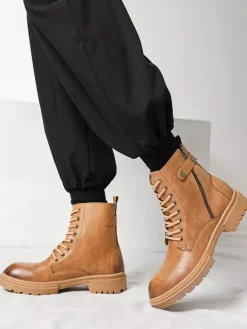 Bottes habillées pour hommes à bout rond semelle épaisse lacets hybrides et fermeture éclair latérale