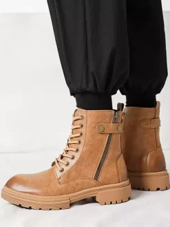 Bottes habillées pour hommes à bout rond semelle épaisse lacets hybrides et fermeture éclair latérale