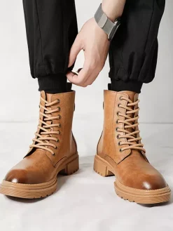 Bottes habillées pour hommes à bout rond semelle épaisse lacets hybrides et fermeture éclair latérale