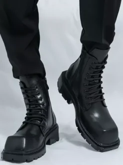 Bottes habillées rigides à bout carré pour homme chaussures habillées en cuir à lacets avec semelle épaisse