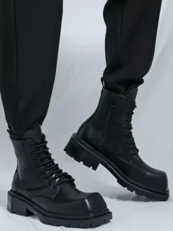 Bottes habillées rigides à bout carré pour homme chaussures habillées en cuir à lacets avec semelle épaisse