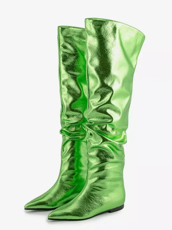 Bottes hautes argentées à bout pointu et plates