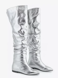 Bottes hautes argentées à bout pointu et plates