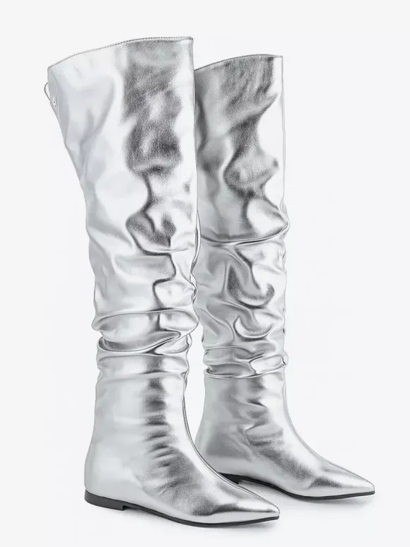 Bottes hautes argentées à bout pointu et plates