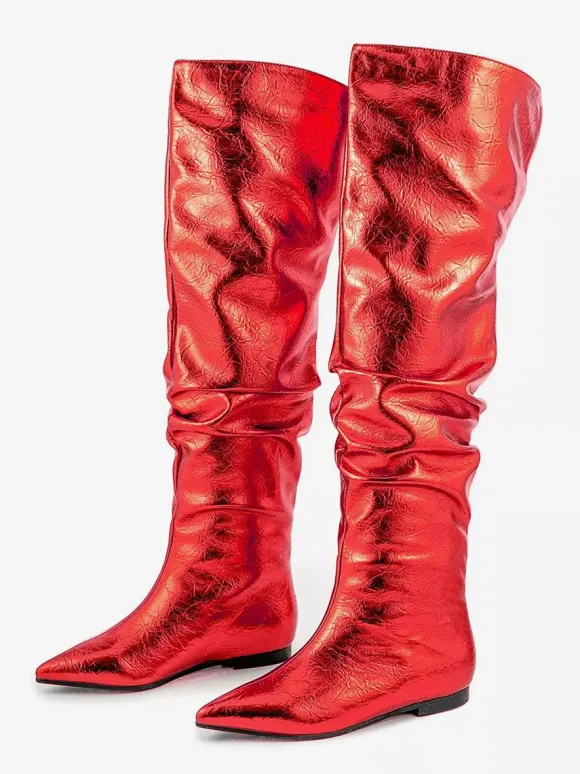 Bottes hautes argentées à bout pointu et plates
