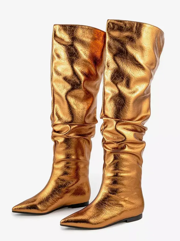 Bottes hautes argentées à bout pointu et plates