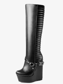 Bottes hautes au genou femmes en PU noir chic avec boucle talon compensé