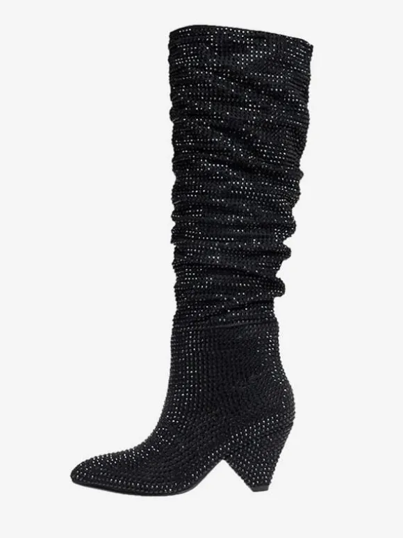 Bottes Hautes Au Genou Noires Femmes Cuir Talon Cône Bottes Mi-haut