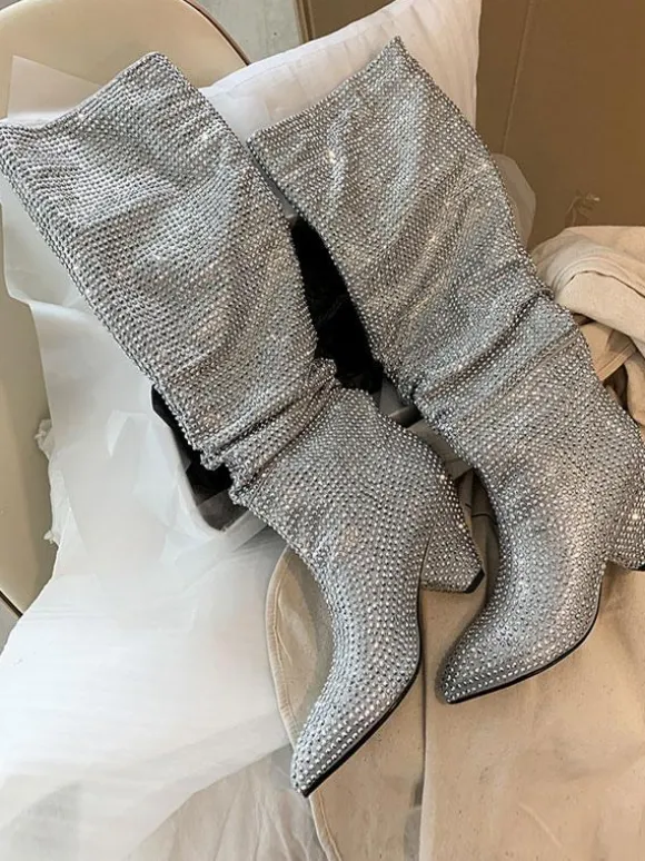 Bottes Hautes Au Genou Noires Femmes Cuir Talon Cône Bottes Mi-haut
