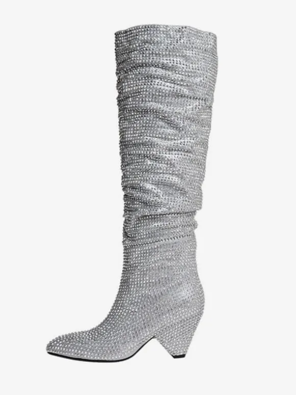 Bottes Hautes Au Genou Noires Femmes Cuir Talon Cône Bottes Mi-haut