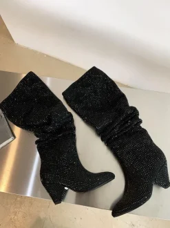 Bottes Hautes Au Genou Noires Femmes Cuir Talon Cône Bottes Mi-haut