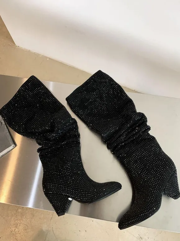 Bottes Hautes Au Genou Noires Femmes Cuir Talon Cône Bottes Mi-haut