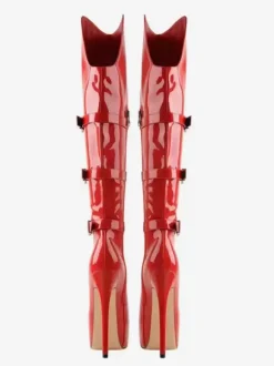 Bottes hautes au genou pour femmes en cuir PU verni Bottes hautes au genou Boucle Talon aiguille