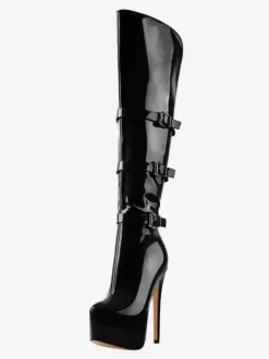 Bottes hautes au genou pour femmes en cuir PU verni Bottes hautes au genou Boucle Talon aiguille