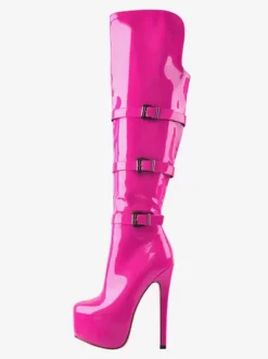 Bottes hautes au genou pour femmes en cuir PU verni Bottes hautes au genou Boucle Talon aiguille