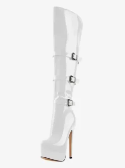 Bottes hautes au genou pour femmes en cuir PU verni Bottes hautes au genou Boucle Talon aiguille