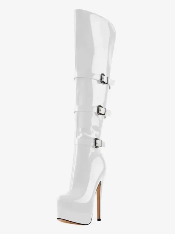 Bottes hautes au genou pour femmes en cuir PU verni Bottes hautes au genou Boucle Talon aiguille