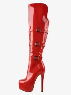 Bottes hautes au genou pour femmes en cuir PU verni Bottes hautes au genou Boucle Talon aiguille