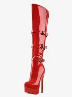 Bottes hautes au genou pour femmes en cuir PU verni Bottes hautes au genou Boucle Talon aiguille