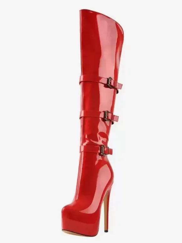 Bottes hautes au genou pour femmes en cuir PU verni Bottes hautes au genou Boucle Talon aiguille