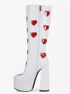Bottes hautes blanches à plateforme grande taille motif c艙ur talon épais bottes GO GO