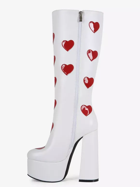 Bottes hautes blanches à plateforme grande taille motif c艙ur talon épais bottes GO GO