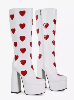 Bottes hautes blanches à plateforme grande taille motif c艙ur talon épais bottes GO GO