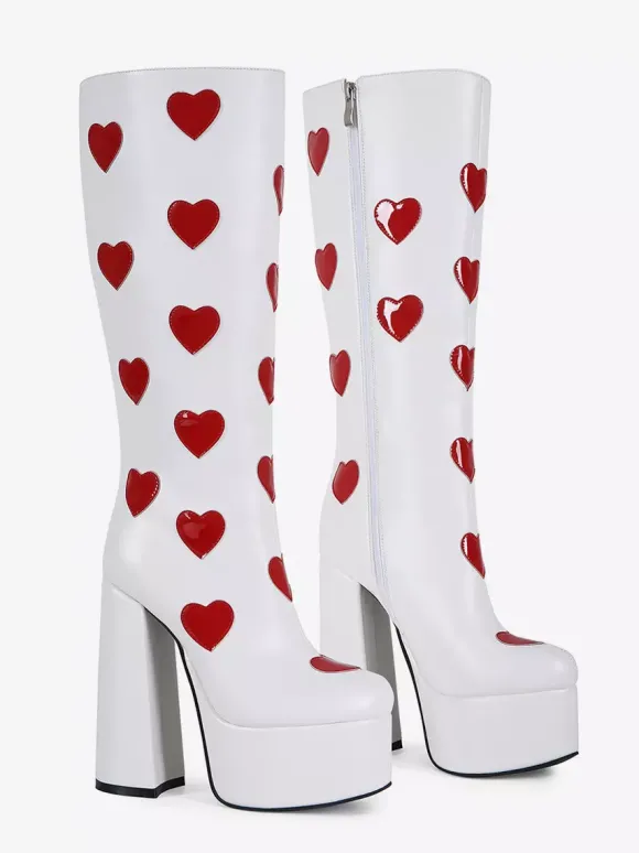 Bottes hautes blanches à plateforme grande taille motif c艙ur talon épais bottes GO GO