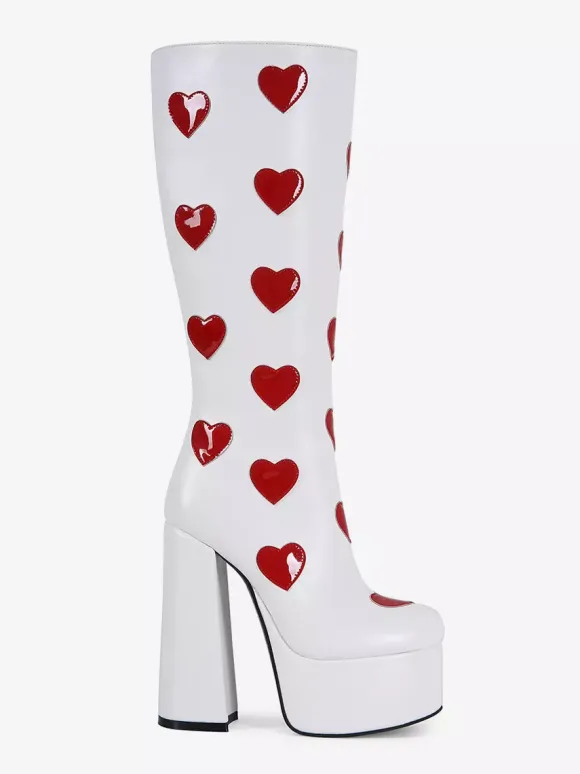 Bottes hautes blanches à plateforme grande taille motif c艙ur talon épais bottes GO GO