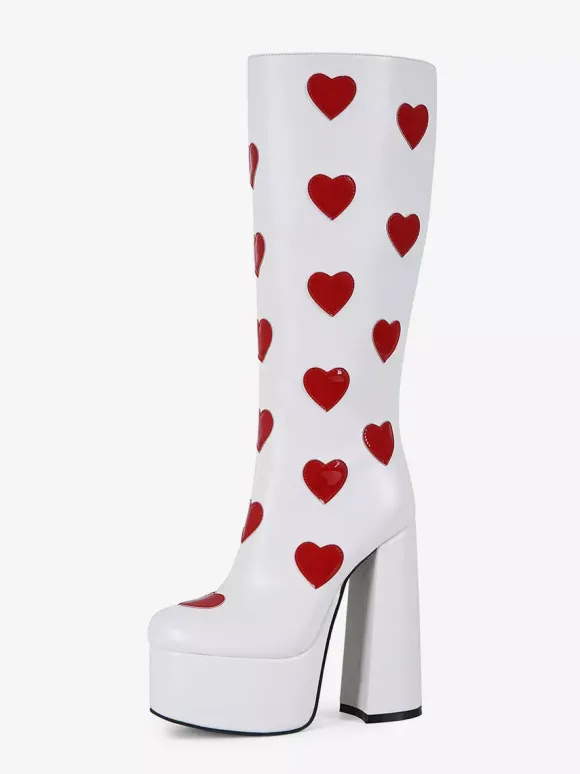 Bottes hautes blanches à plateforme grande taille motif c艙ur talon épais bottes GO GO