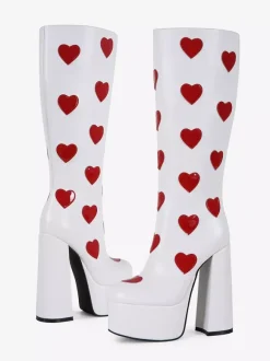 Bottes hautes blanches à plateforme grande taille motif c艙ur talon épais bottes GO GO
