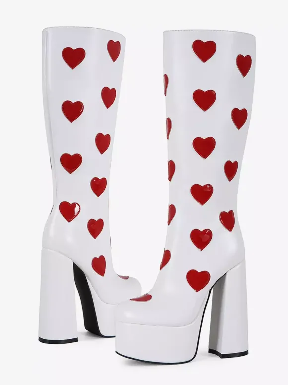 Bottes hautes blanches à plateforme grande taille motif c艙ur talon épais bottes GO GO