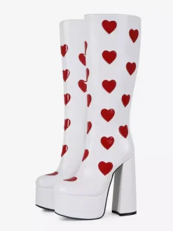 Bottes hautes blanches à plateforme grande taille motif c艙ur talon épais bottes GO GO