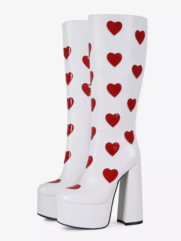 Bottes hautes blanches à plateforme grande taille motif c艙ur talon épais bottes GO GO